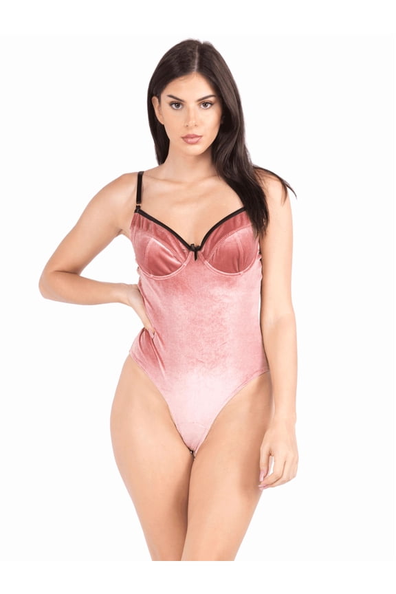 Velvet Underwire Bodysuit With Contrast Trim And Open Back