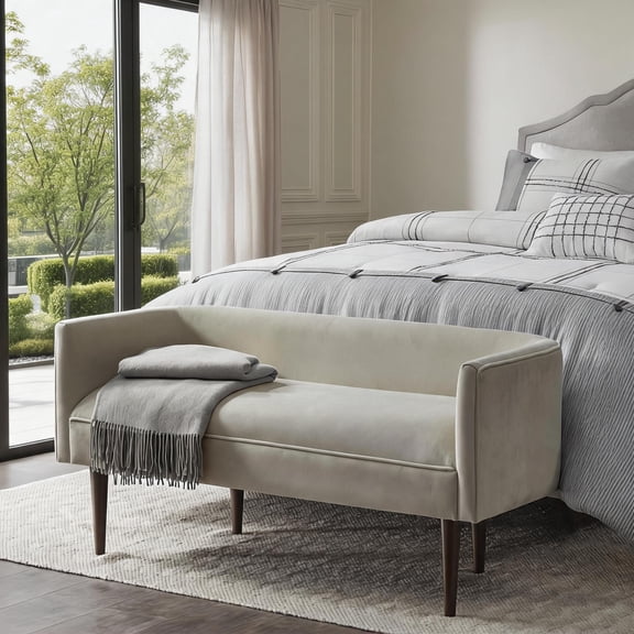 Velvet Upholstered Accent Bench, Neutral Beige with Wood Legs, 49-Inch Low-Back Seating for Living Room or Entryway