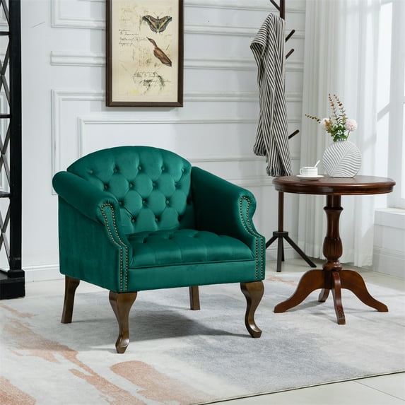 Velvet Upholstered Accent Chair, Comfy Armchair Reading Chair with Wood Legs, Single Sofa Chair with Button Design Back, Vanity Chair Dressing Chair for Home Office, 30.5"Lx27.5"Wx32"H, Green
