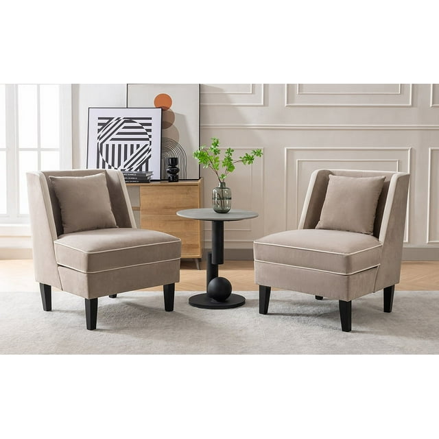 Velvet Upholstered Accent Chair with Cream Piping,Upholstered Swoop Arm Accent Chair with Wooden