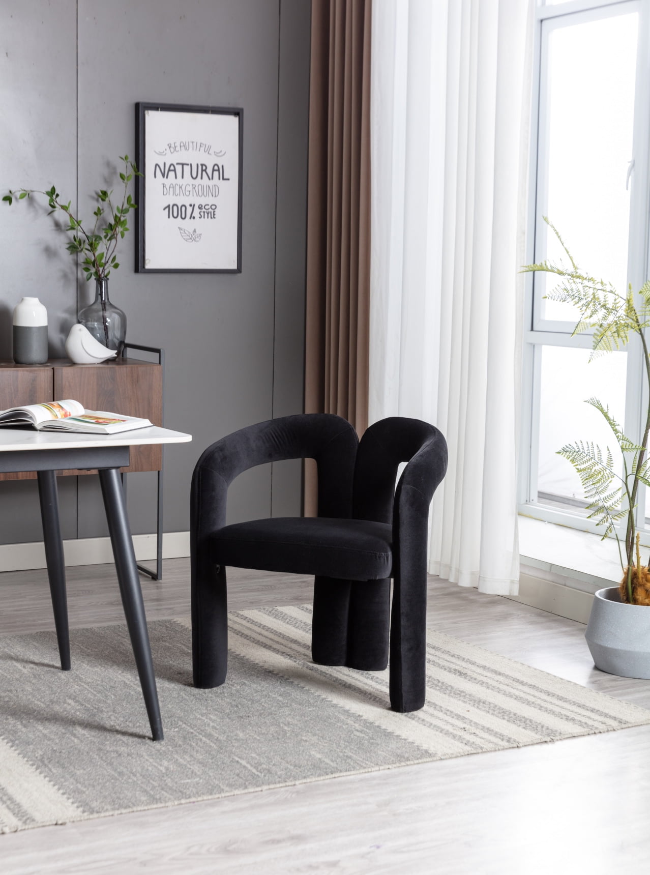 Velvet Upholstered Accent Chair with M Shaped Back, Contemporary Barrel ...