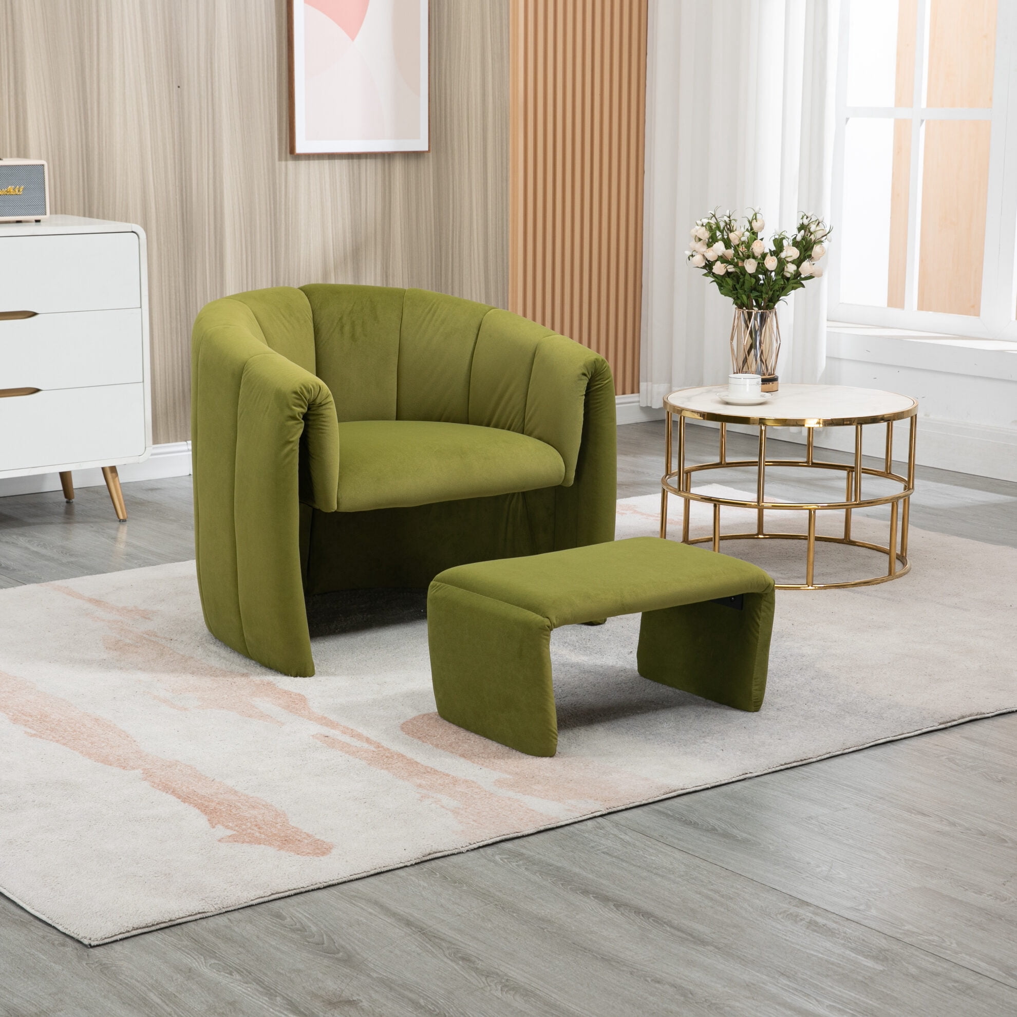 Modern Fleece Accent Chair – Foam-Padded Barrel Design with Rubberwood Base (Olive)