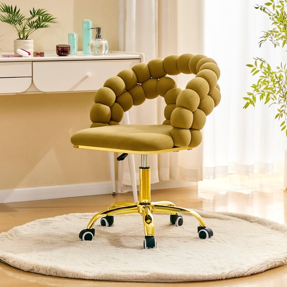 Velvet Upholstered Adjustable Swivel Desk Chair, Bubble Tufted Accent Chair with Gold Metal Base, Rolling Office Chair for Living Room, Dining Room, Yellow