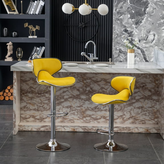 Velvet Upholstered Adjustable Swivel Stool, Set of 2, Yellow