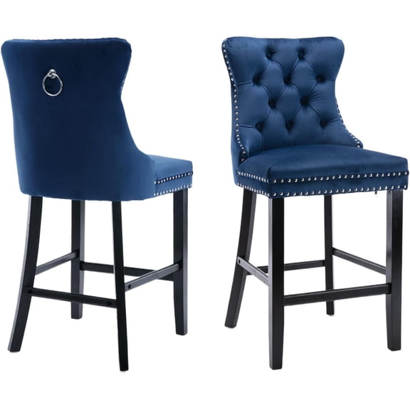 Velvet Upholstered Bar Stools Set of 2 with Back and Wood Legs, Metal Pulling Ring, Armless Counter Height Barstools for Kitchen Island, Pub
