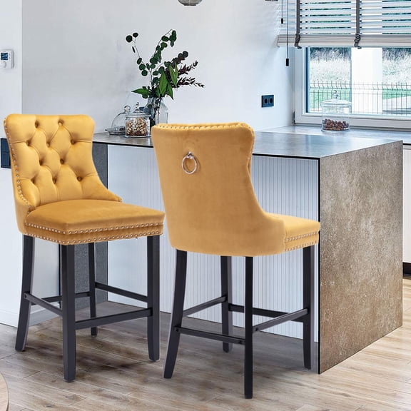 Velvet Upholstered Bar Stools Set of 2 with Back and Wood Legs, Metal Pulling Ring, Armless Counter Height Barstools for Kitchen Island, Pub
