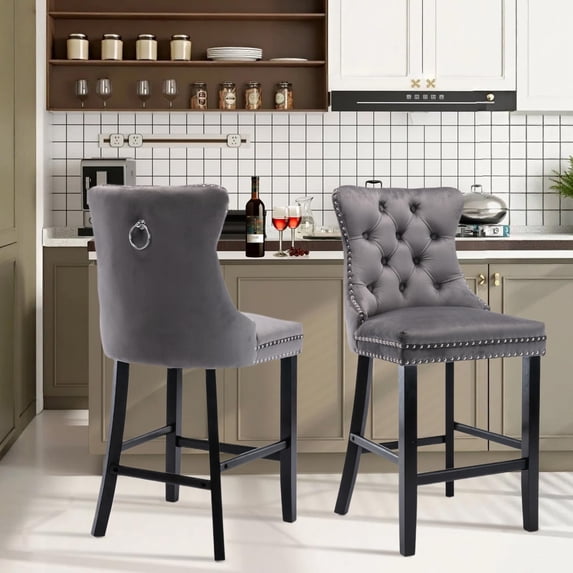 Velvet Upholstered Bar Stools Set of 2 with Back and Wood Legs, Metal Pulling Ring, Armless Counter Height Barstools for Kitchen Island, Pub