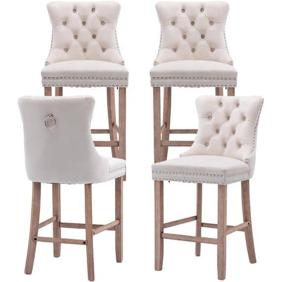 Velvet Upholstered Bar Stools Set of 4 with Back and Wood Legs, Metal Pulling Ring, Armless Counter Height Barstools for Kitchen Island, Pub
