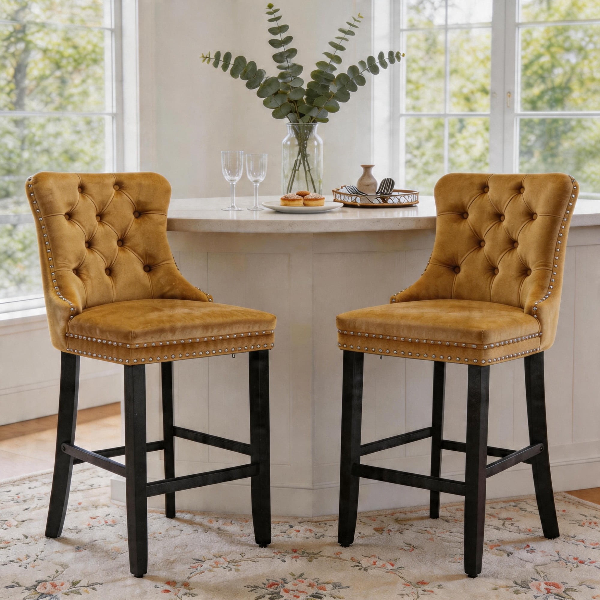 DONICK Velvet Counter Height Bar Stools Set of 2,Button Tufted Back Bar Chair Nailhead Back Pull Tab Wooden Leg(Yellow)