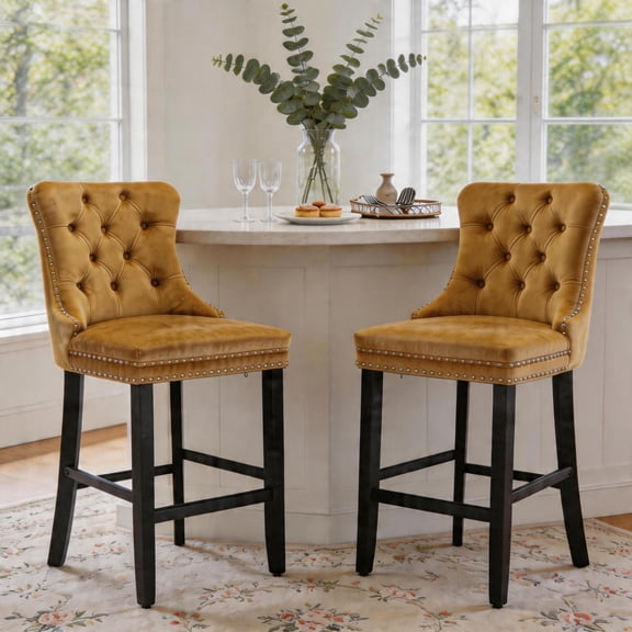 DONICK Velvet Counter Height Bar Stools Set of 2,Button Tufted Back Bar Chair Nailhead Back Pull Tab Wooden Leg(Yellow)
