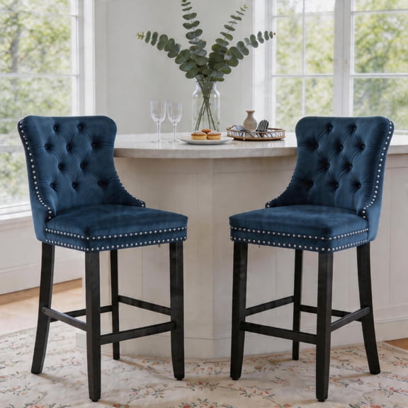 DONICK Velvet Counter Height Bar Stools Set of 2,Button Tufted Back Bar Chair Nailhead Back Pull Tab Wooden Leg(Blue)
