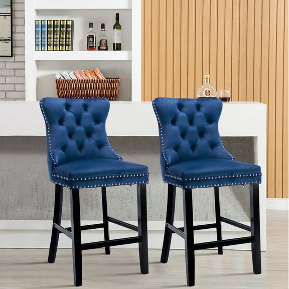 DONICK Velvet Counter Height Bar Stools Set of 2,Button Tufted Back Bar Chair Nailhead Back Pull Tab Wooden Leg(Blue)