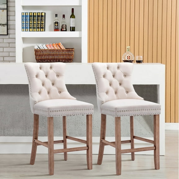 DONICK Velvet Counter Height Bar Stools Set of 2,Button Tufted Back Bar Chair Nailhead Back Pull Tab Wooden Leg(Beige)