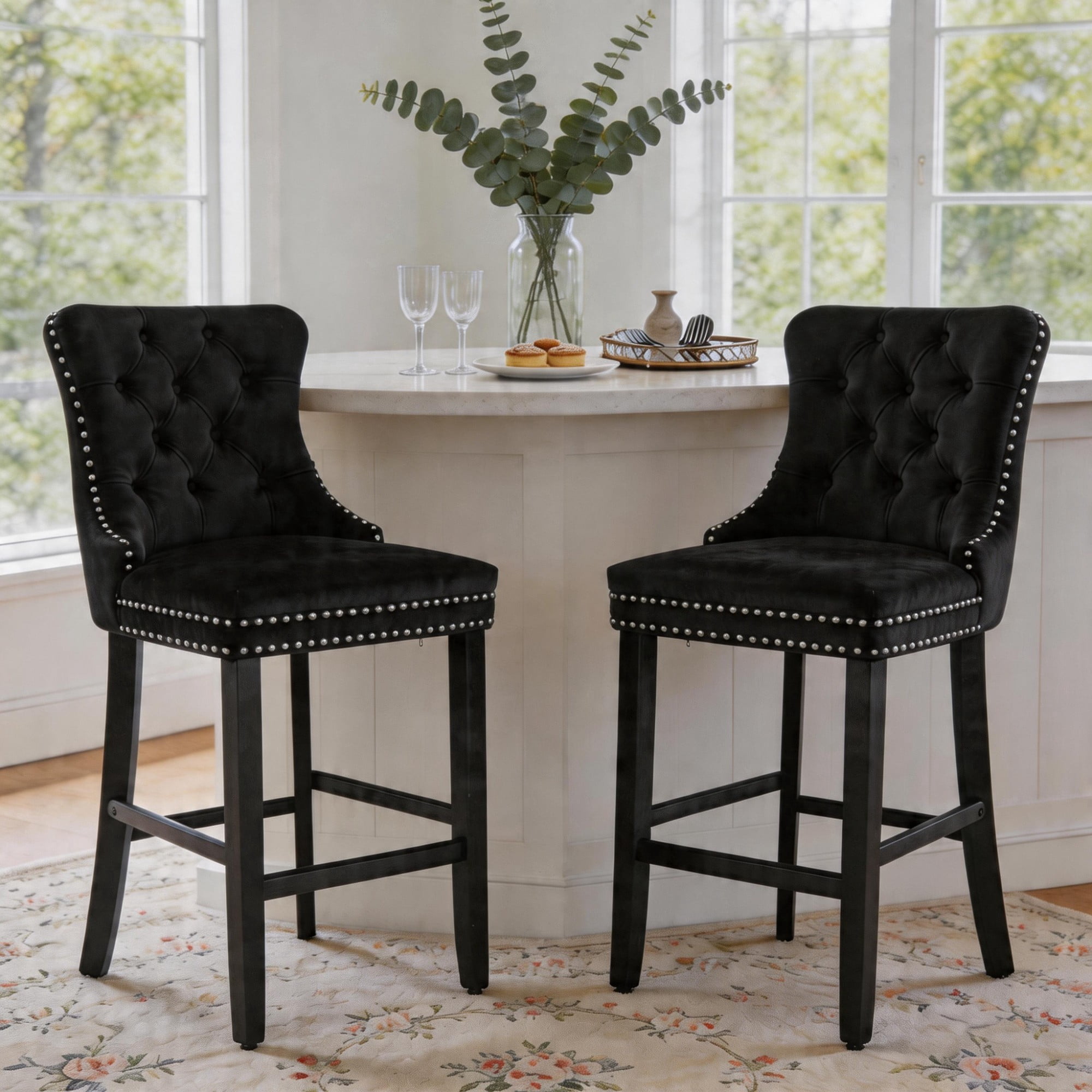 DONICK Velvet Counter Height Bar Stools Set of 2,Button Tufted Back Bar Chair Nailhead Back Pull Tab Wooden Leg(Black)