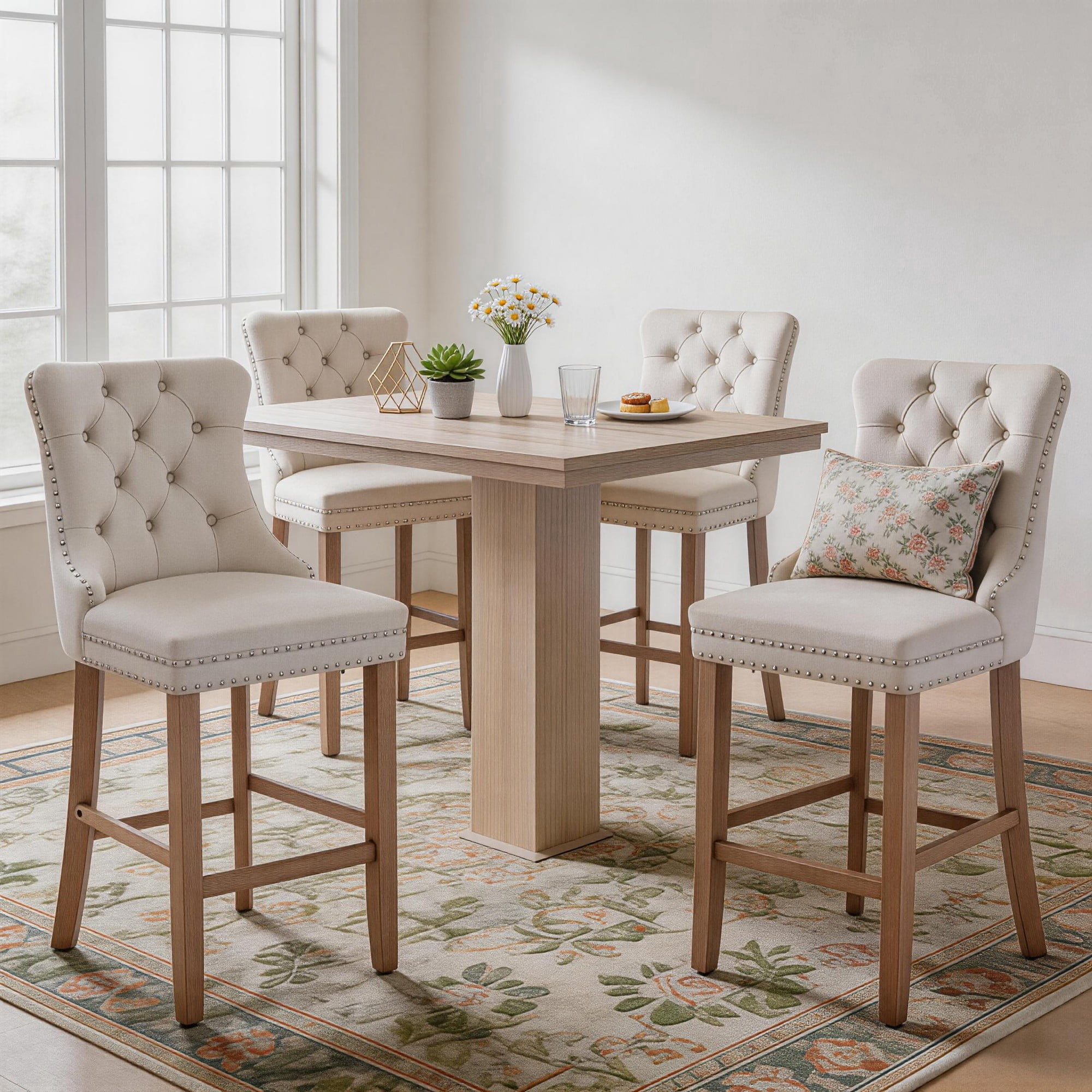 DONICK Velvet Counter Height Bar Stools Set of 4,Button Tufted Back Bar Chair Nailhead Back Pull Tab Wooden Leg(Beige)