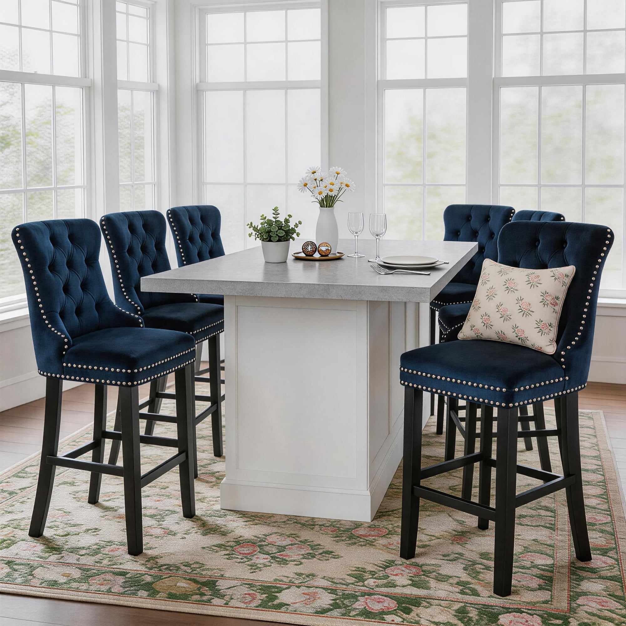 DONICK Velvet Counter Height Bar Stools Set of 6,Button Tufted Back Bar Chair Nailhead Back Pull Tab Wooden Leg(Blue)