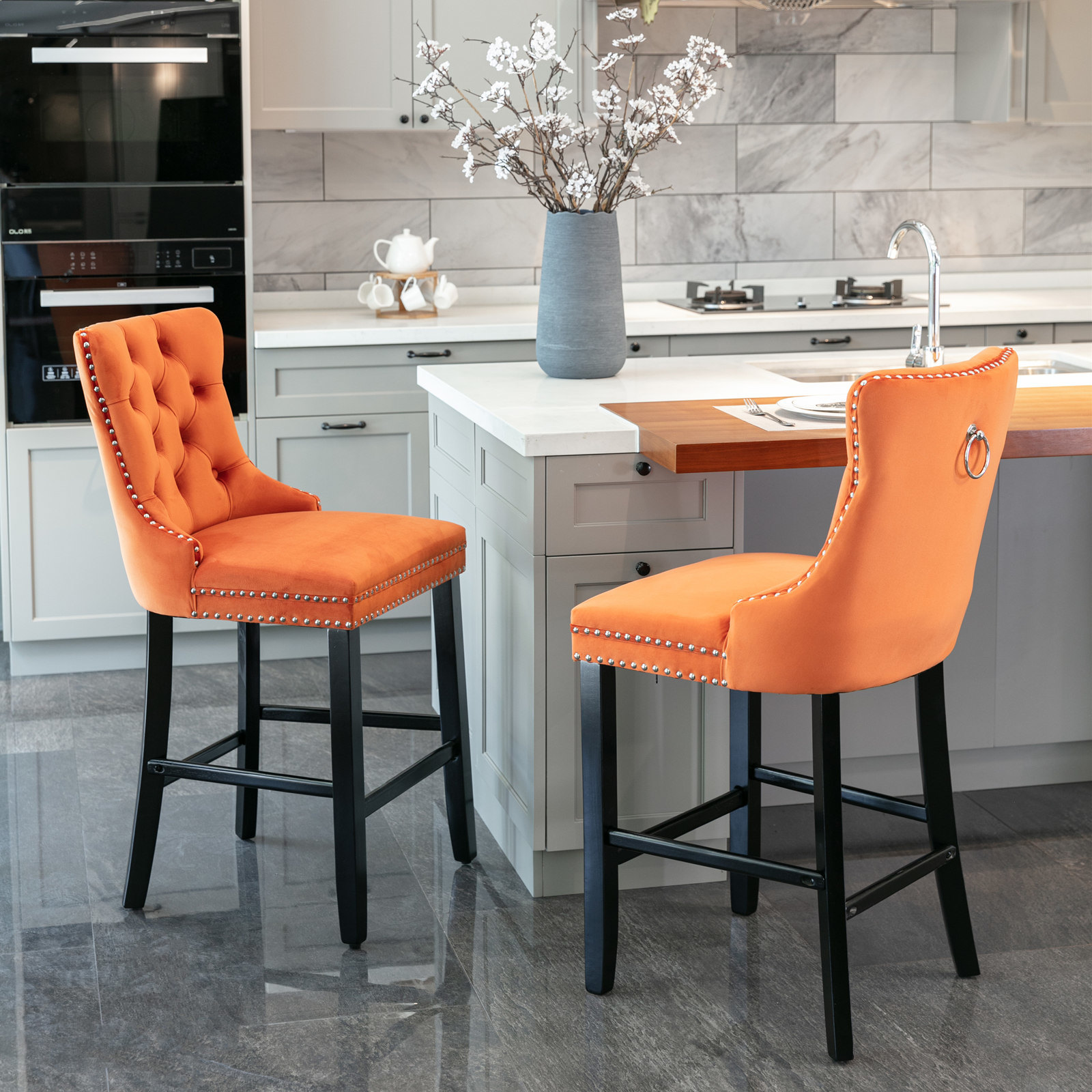 Velvet Upholstered Barstools Set with Tufted Decoration (Set of 2