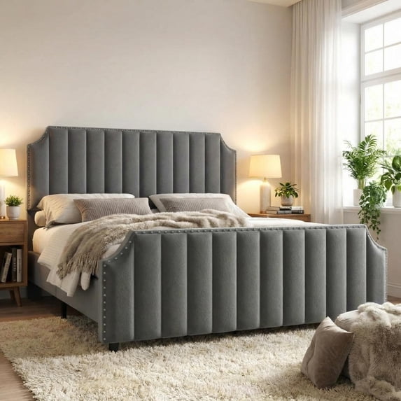Velvet Upholstered Bed Frame with Headboard&Footboard,Platform Bed Frame with Nailhead Trim,Sturdy Wooden Slats, Silent&No Box Spring Needed,Easy to Assemble