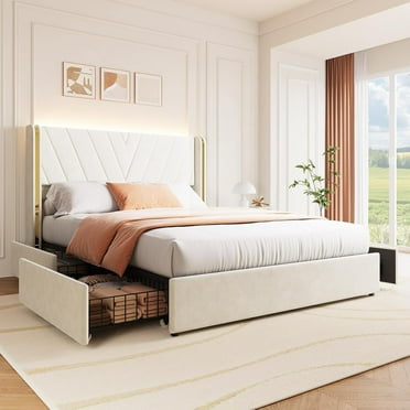 Velvet Upholstered Bed Frame with 4 Storage Drawers,Smart LED Bed Frame,Tufted Upholstered Platform Bed Frame with Wingback Headboard