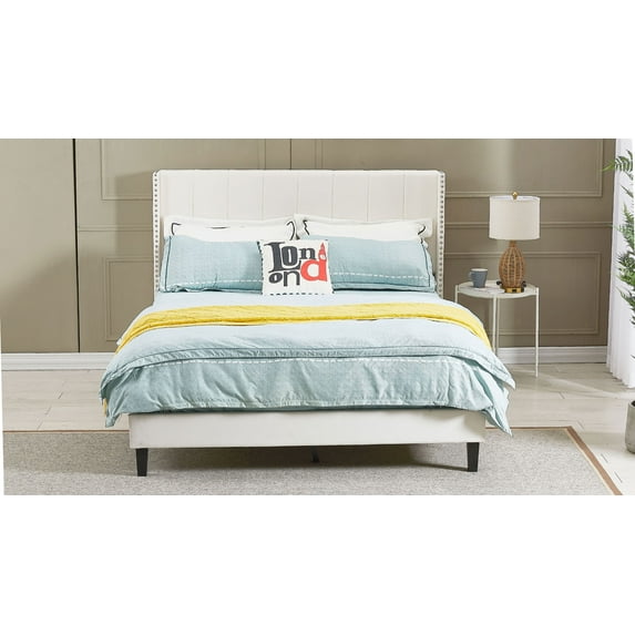 Velvet Upholstered Bed Frame with Vertical Channel Tufted Headboard Beige, Queen Bed Frame