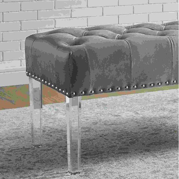 Velvet Upholstered Bench with Acrylic Legs for Entryway, Gray Button Tufted Dining Bench