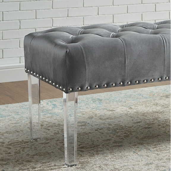 Velvet Upholstered Bench with Acrylic Legs for Entryway, Gray Button Tufted Dining Bench
