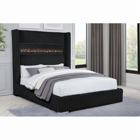 Velvet Upholstered California King Size Bed with Electric Fireplace, USB Port, Modern Bedroom Bed Frame, Black