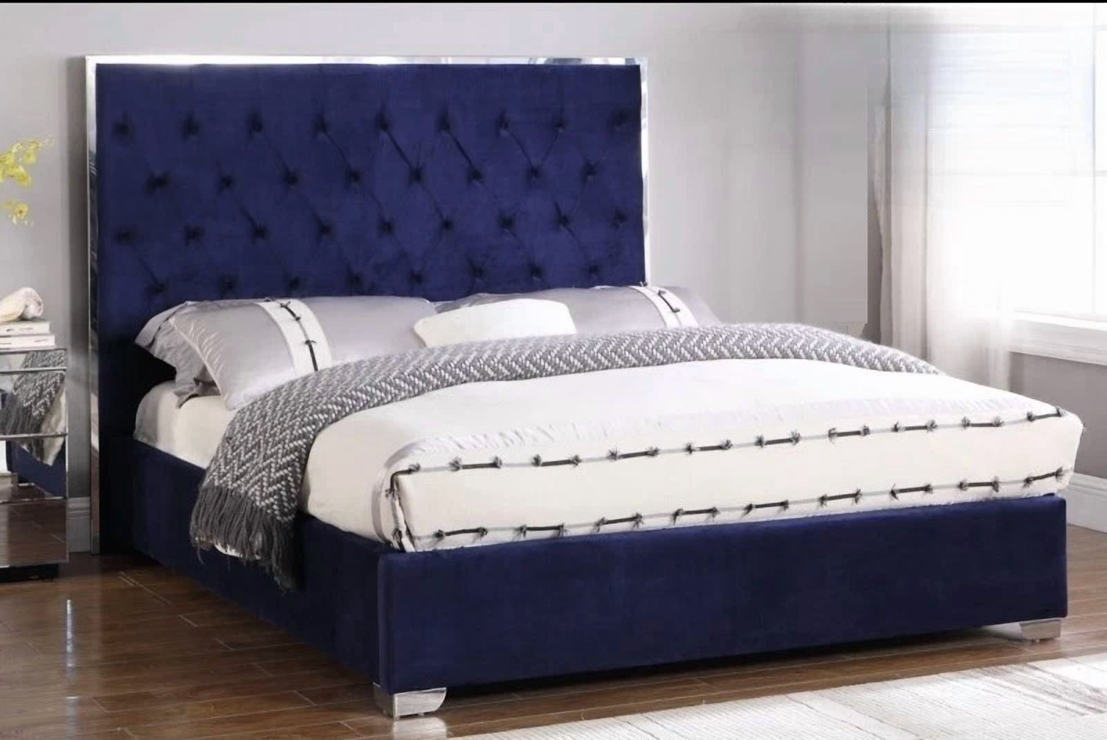 Velvet Upholstered California King Size Platform Bed Frame, Tufted Headboard Chrome Finish Accent Bedroom Furniture, Blue