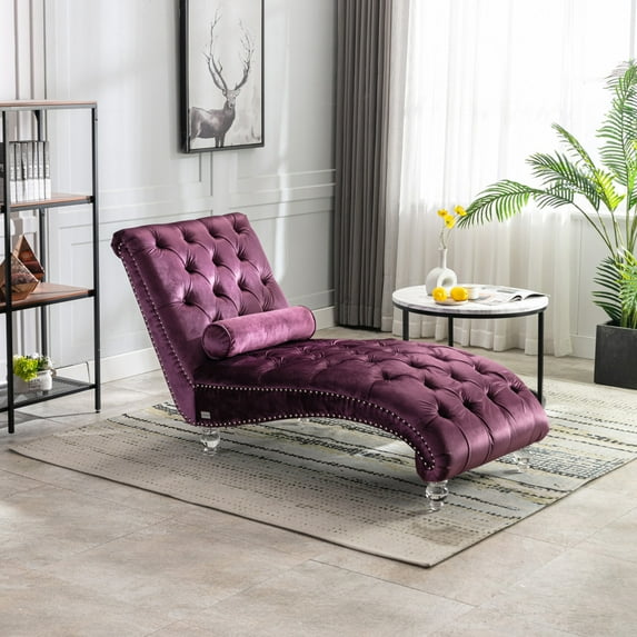 Velvet Upholstered Chaise Lounge Chair with Lumbar Pillow, Ergonomic S-Shaped Design for Living Room & Bedroom, Button Tufted Modern Sofa Sleeper with Acrylic Legs, Purple