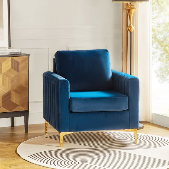 Velvet Upholstered Club Accent Chair Lounge Armchair Single Sofa Removable Backrest Golden Legs Home Living Room Bedroom Blue