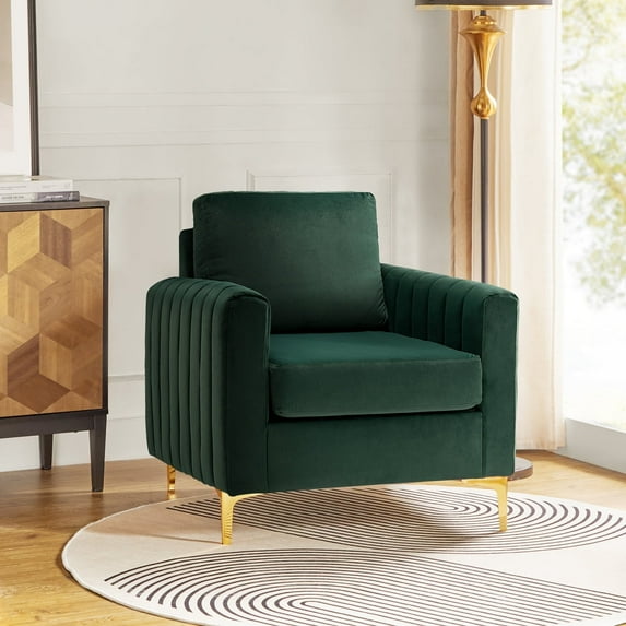 Velvet Upholstered Club Accent Chair Lounge Armchair Single Sofa Removable Backrest Golden Legs Home Living Room Bedroom Green