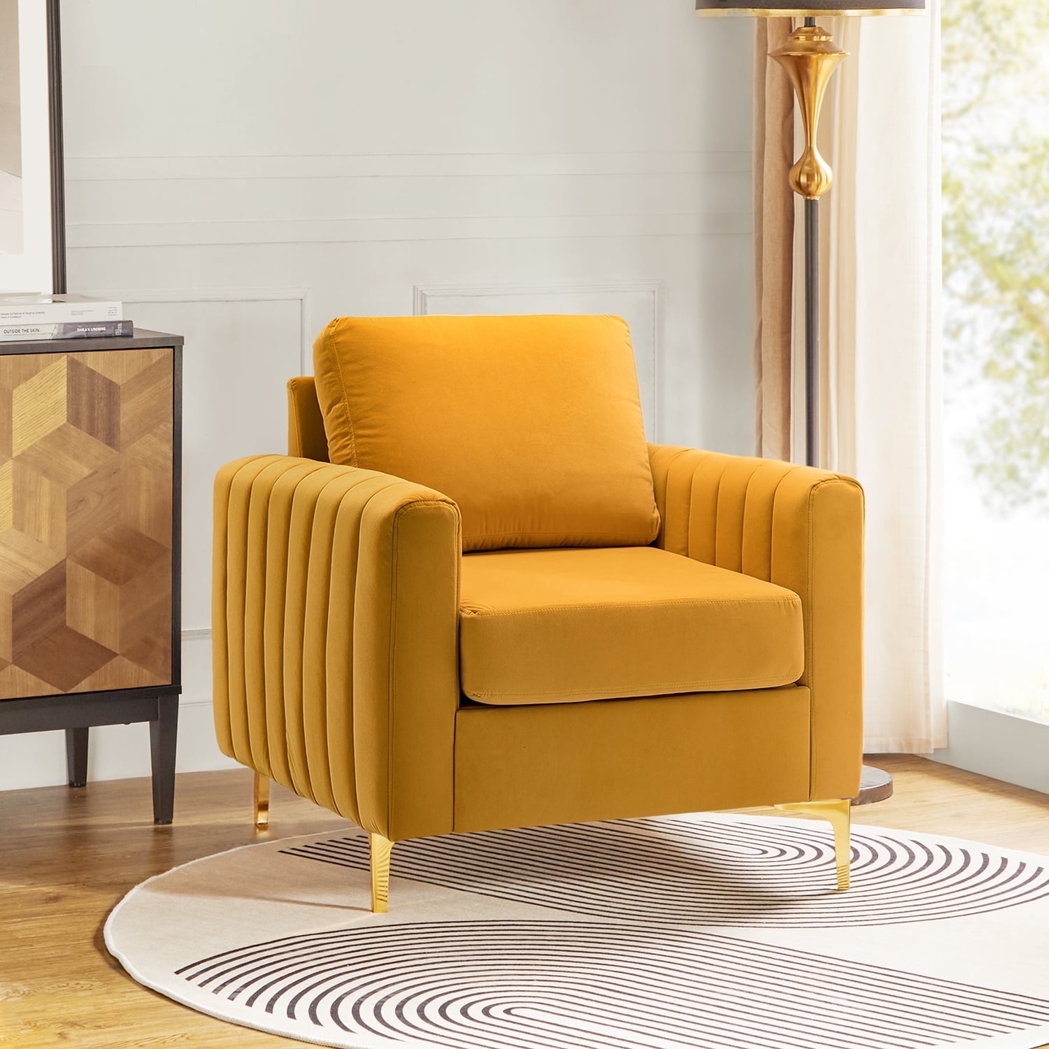 Mustard Velvet Club Chair with Gold Metal Legs