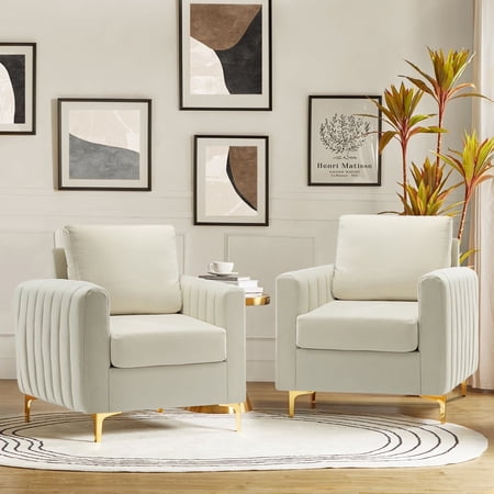 Velvet Upholstered Club Accent Chairs Set of 2 Lounge Armchairs Single Sofa Removable Backrest Golden Legs Home Living Room White