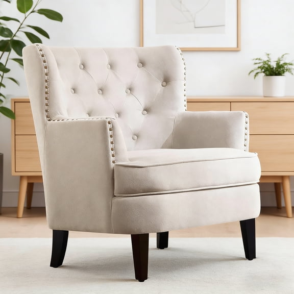 Shengchao Trade Upholstered Club Chair 34.5H, Barrel Chair, Wingback Tufted Button Armchair, Contemporary Nailhead Accent Chair for Living Room, Bedroom, Recreation Room, Entryway, Small Space