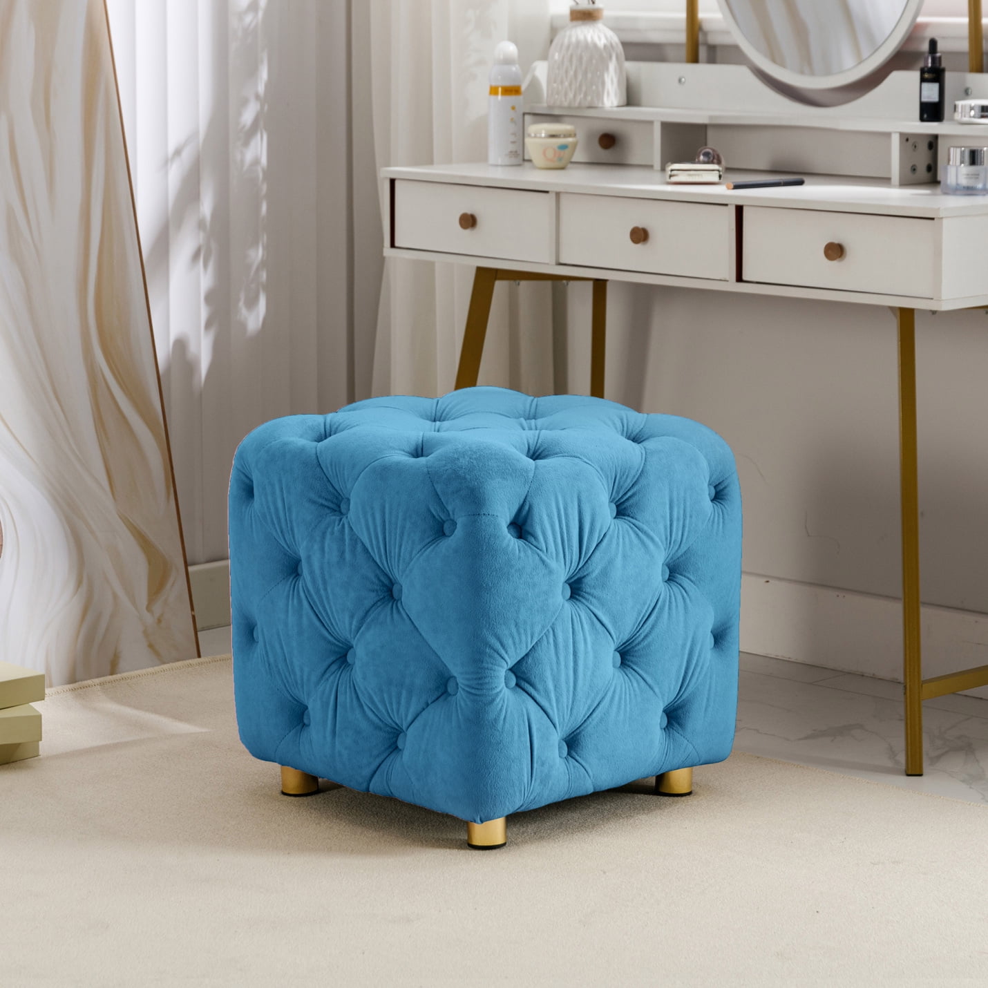 Blue Velvet Upholstered Ottoman, Tufted Foot Stool End Table