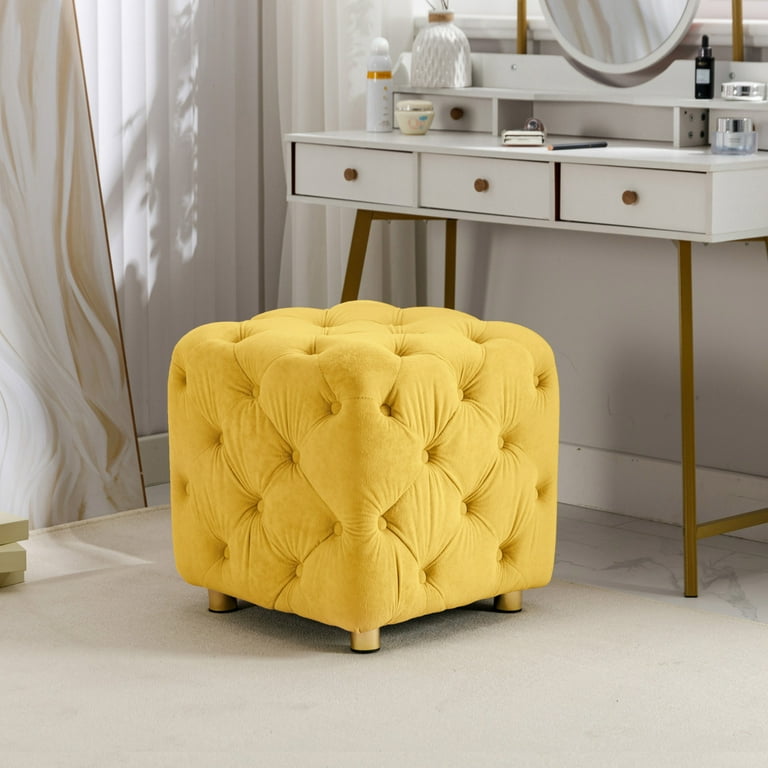Velvet Upholstered Cube Ottoman Modern Tufted Foot Stool Exquisite Small End Table Dressing Makeup Bench Comfortable Cube Seat for Living Room