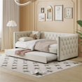 thumbnail image 1 of Velvet Upholstered Daybed with Trundle, Twin Size Sofa Bed Frame with Wood Slats Support and Rivet Design, Solid Wood Daybed Frame for Bedroom Living Room, No Box Spring Needed, Beige, 1 of 7