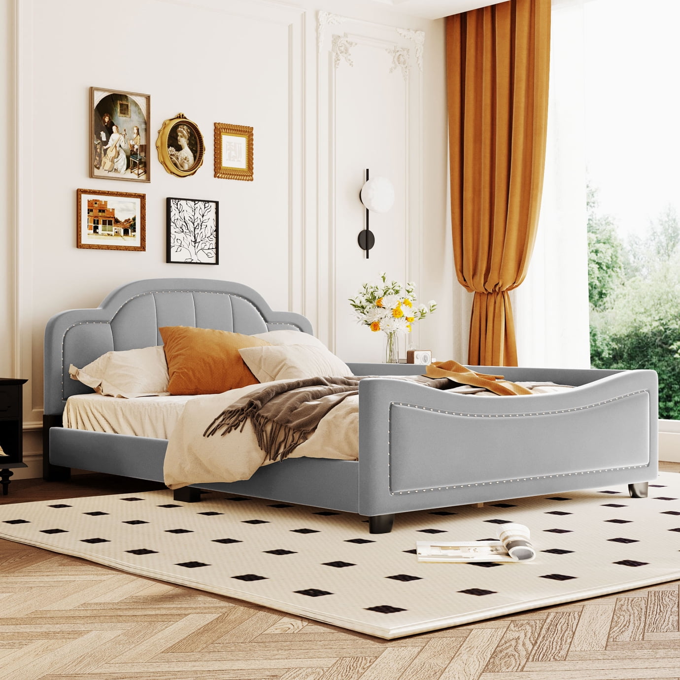 Velvet upholstered daybed wood full size daybed frame with cloud