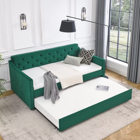 Velvet Upholstered Daybed with Trundle, Twin Size Sofa Bed with Waved Shape Arms, Modern Daybed Sofa for Bedroom Living Room, Green