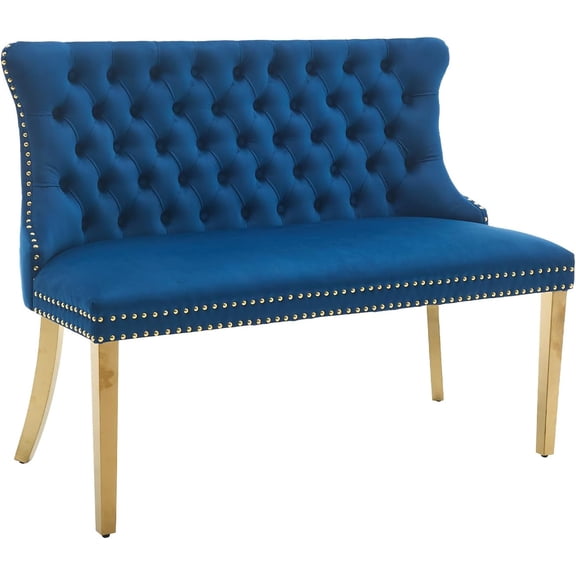 Velvet Upholstered Dining  with Back, Tufted Loveseat  with Gold Stainless Steel Legs and Nailhead Trim, Banquette Seating for Dining Room, Kitchen, Entryway (Blue, Dining )