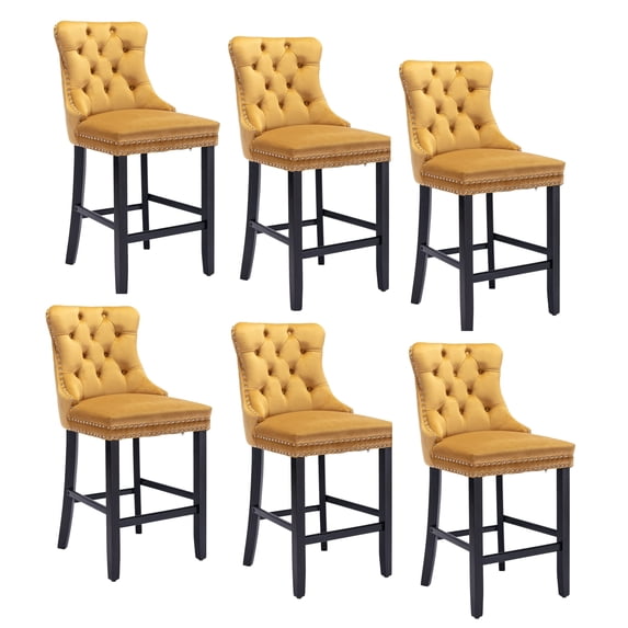 Velvet Upholstered Dining Bar Chairs Counter Height Barstools Wood Legs with Button Tufted Nailed Trim Back Ring for Home Bar Dining Room(Blue,Set of 6)