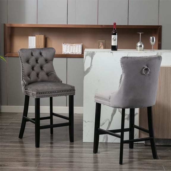 Velvet Upholstered Dining Bar Chairs Counter Height Barstools Wood Legs with Button Tufted Nailed Trim Back Ring for Home Bar Dining Room(Gray,Set of 2)