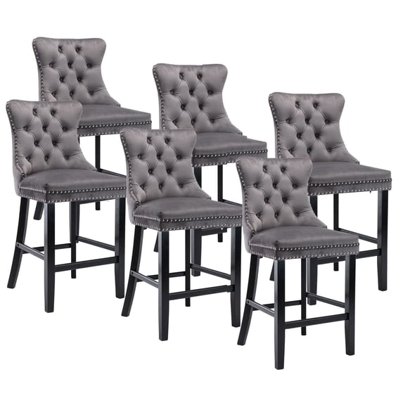 Velvet Upholstered Dining Bar Chairs Counter Height Barstools Wood Legs with Button Tufted Nailed Trim Back Ring for Home Bar Dining Room(Gray,Set of 6)