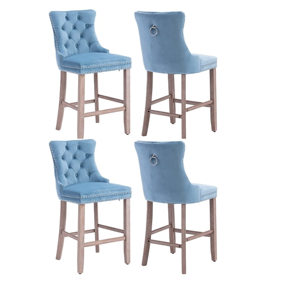Velvet Upholstered Dining Bar Chairs Counter Height Barstools Wood Legs with Button Tufted Nailed Trim Back Ring for Home Bar Dining Room(Light Blue,Set of 4)