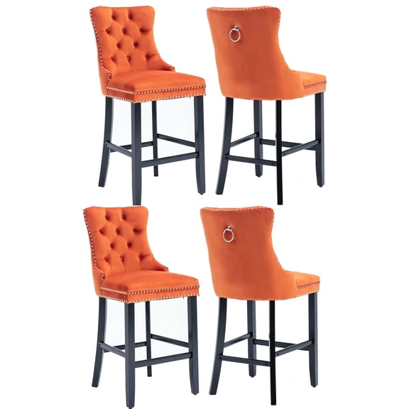 Velvet Upholstered Dining Bar Chairs Counter Height Barstools Wood Legs with Button Tufted Nailed Trim Back Ring for Home Bar Dining Room(Orange,Set of 4)