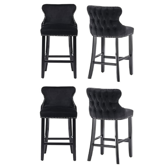 Velvet Upholstered Dining Bar Chairs Counter Height Barstools Wood Legs with Button Tufted Nailed Trim for Home Bar Dining Room Kitchen(Black,Set of 4)