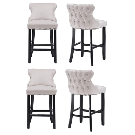 Velvet Upholstered Dining Bar Chairs Counter Height Barstools Wood Legs with Button Tufted Nailed Trim for Home Bar Dining Room Kitchen(Beige,Set of 4)