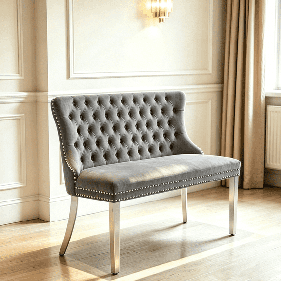 Velvet Upholstered Dining Bench, Tufted Loveseat Bench with Backrest, Stainless Steel Legs & Nailhead Trim, for Dining Room, Entryway & Bedroom
