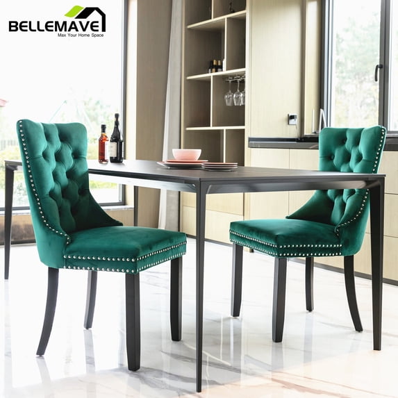 Velvet Upholstered Dining Chair/Kitchen & Dining Room Chairs, High-End Tufted Dining Chairs with Rubber Wood Legs and Nailhead Trim, Dining Chairs Set of 2 (Green)