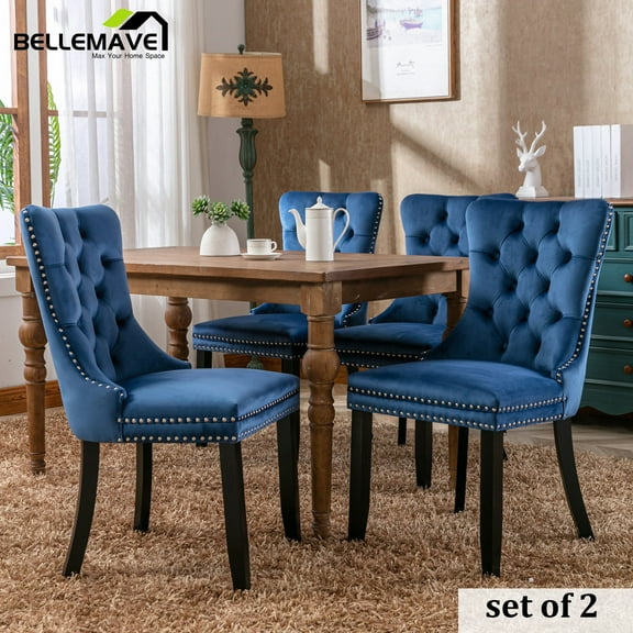 Velvet Upholstered Dining Chair/Kitchen & Dining Room Chairs, High-End Tufted Dining Chairs with Rubber Wood Legs and Nailhead Trim, Dining Chairs Set of 2 (Blue)